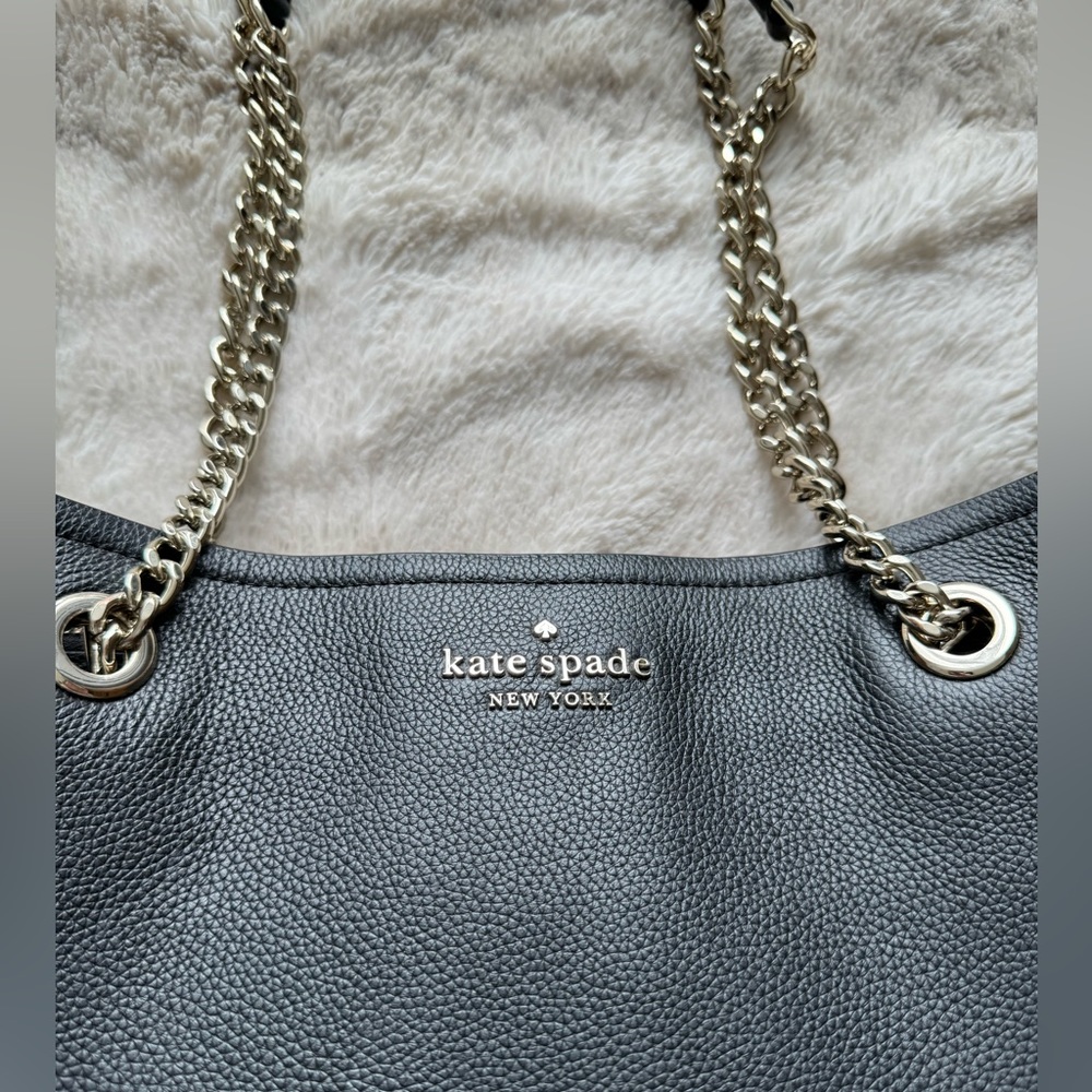 Kate Spade Large Black Leather Tote Bag with Gold Chain Laptop Compartment - Picture 10 of 12